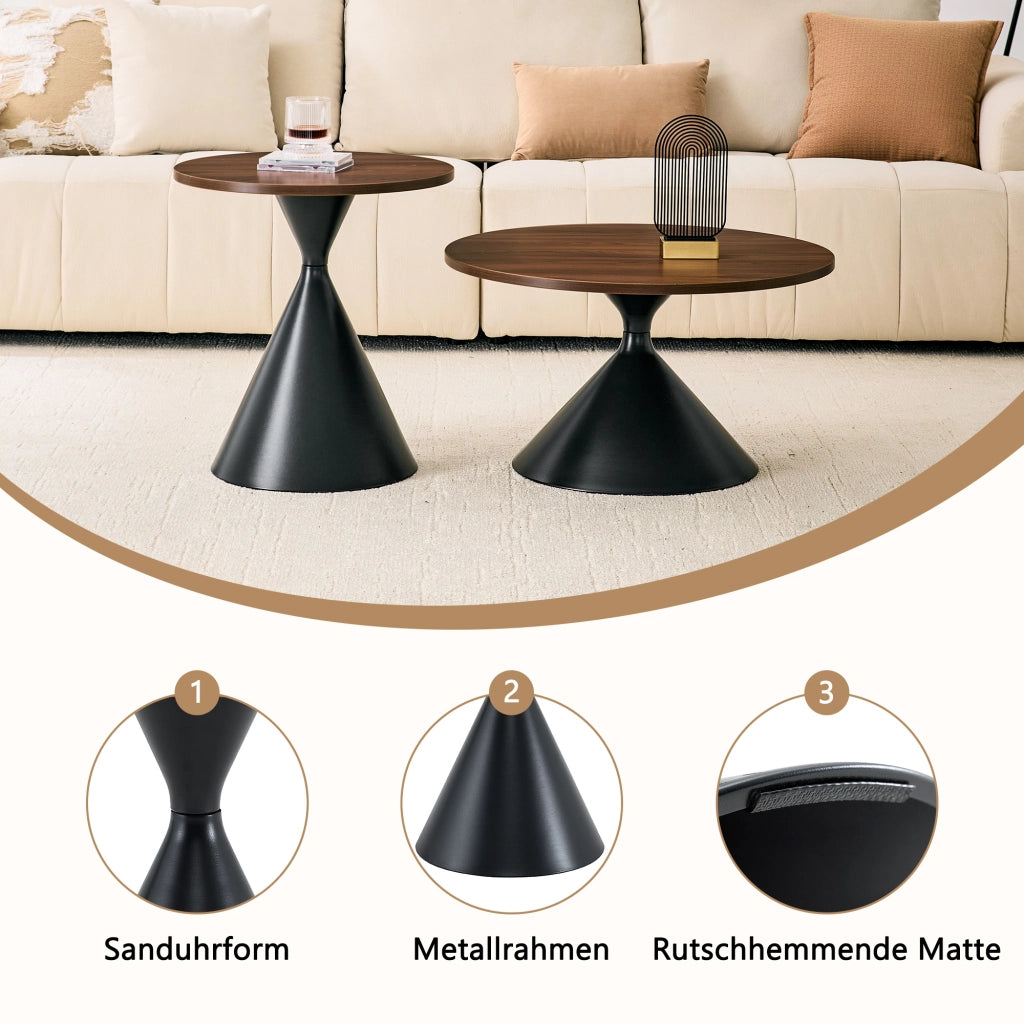 Tavolini bassi impilabili set da 2 con piano effetto noce e base conica in metallo nero per soggiorno e ufficio