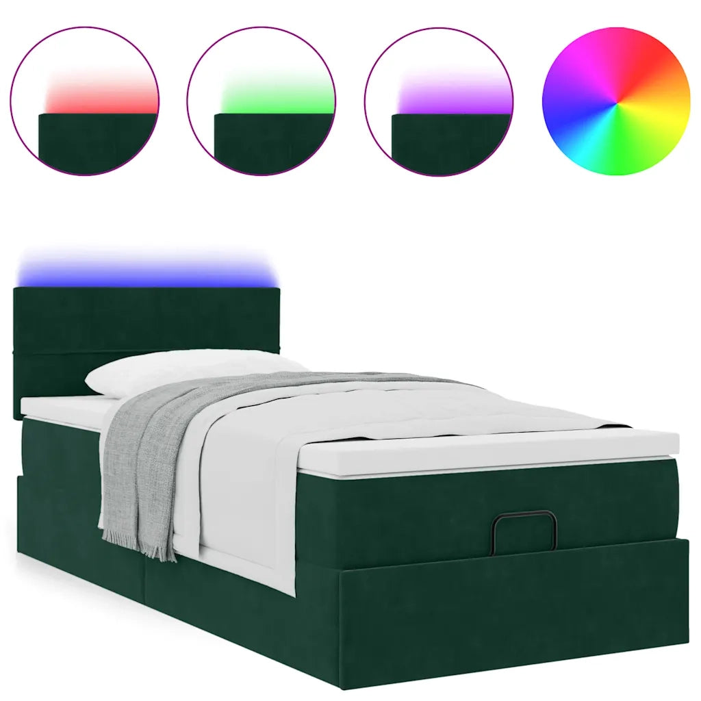 Pouf Letto con Materasso e LED Verde Scuro 90x200cm in Velluto