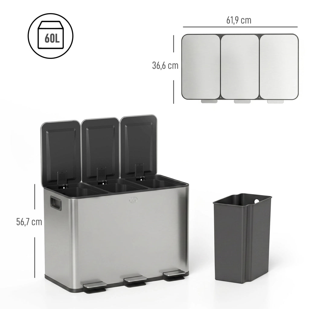Pattumiera da cucina 3 scomparti ¨C Xylo ¨C 60L raccolta differenziata argento 61,9x36,6x56,7cm