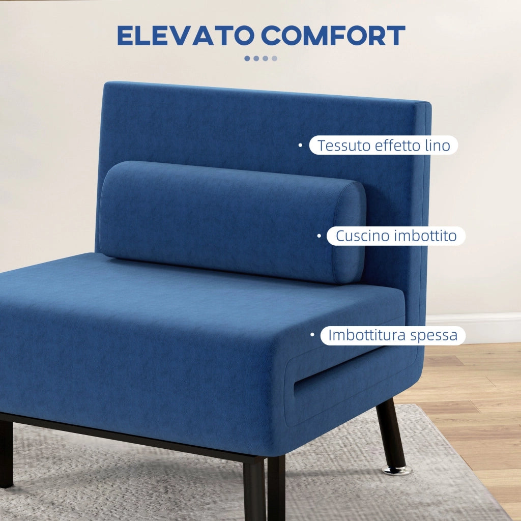 Poltrona Letto Reclinabile in 5 Posizioni 75x70x75 cm in Tessuto Effetto Lino e Acciaio Blu Scuro