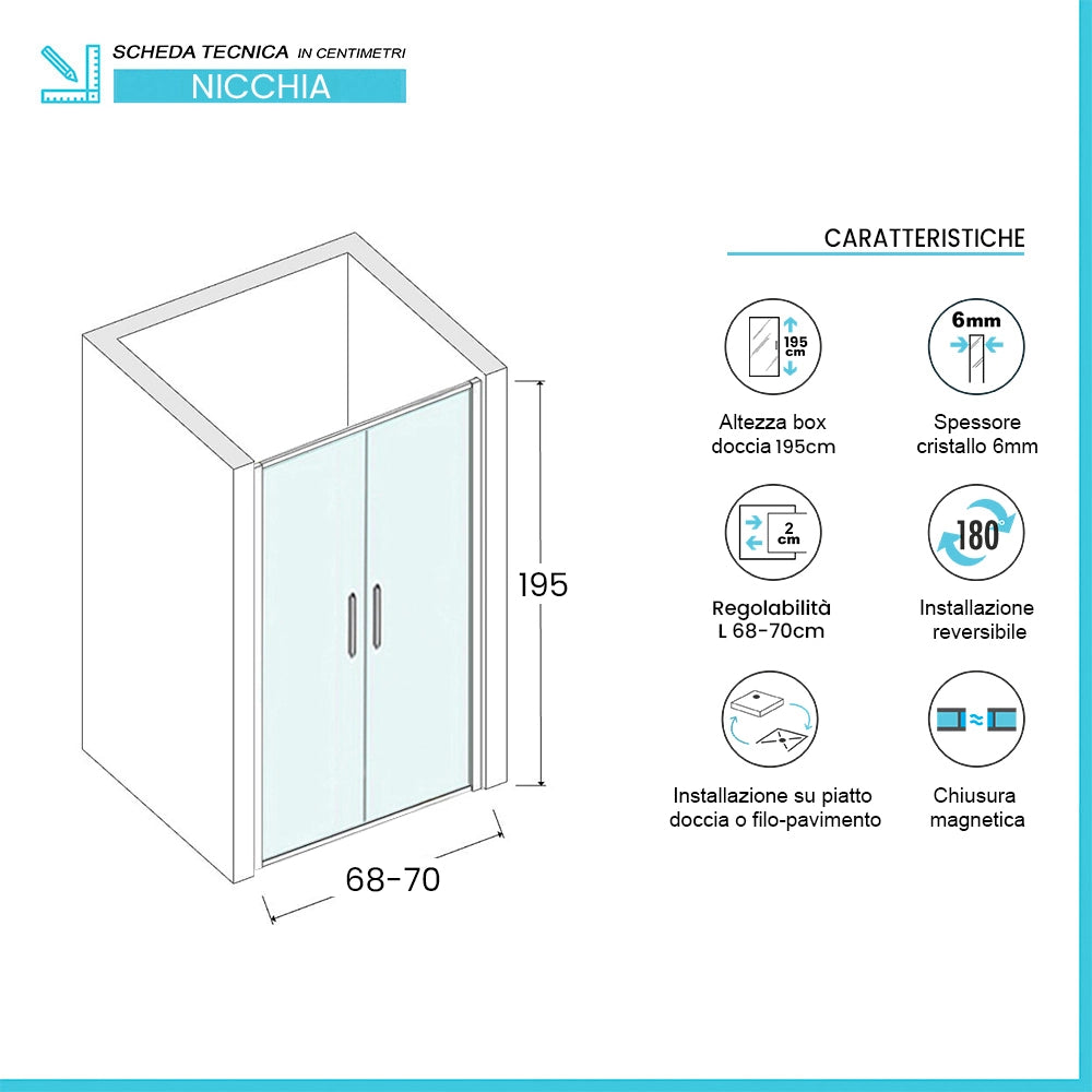 Porta doccia con apertura Saloon per nicchia 70cm in vetro temperato trasparente con profili cromo Neos