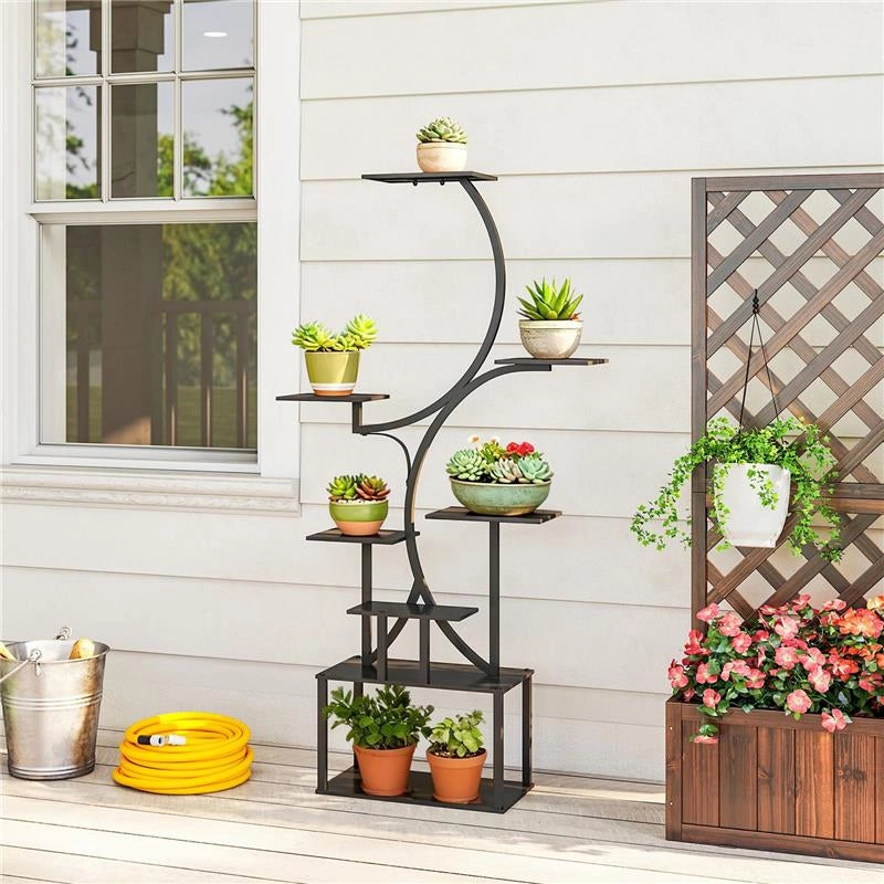 PORTAPIANTE A 8 LIVELLI CON DESIGN A S PER INTERNI ED ESTERNI, IN METALLO, 74X26X158.5 CM, NERO