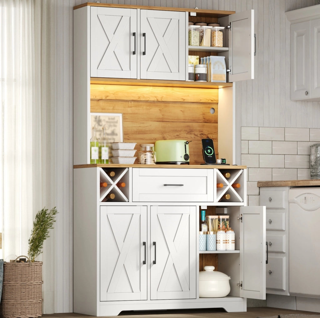 Credenza cucina alta con LED RGB; prese e portasvino; 105x40x180 cm; MDF bianco naturale
