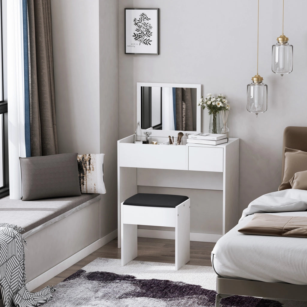 Cassettiera da trucco con specchio e sgabello ¨C zephmum ¨C bianco 80x40x79 cm