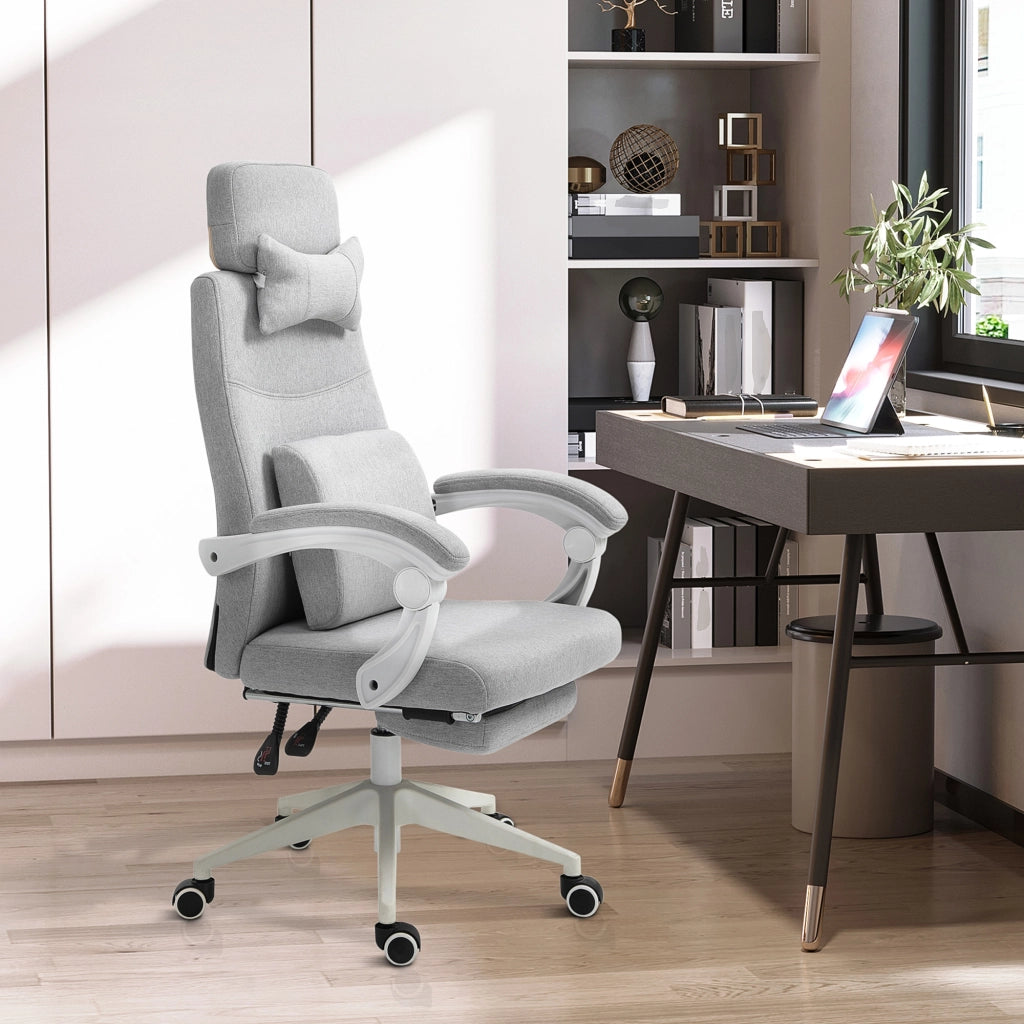 Sedia da ufficio ergonomica girevole con poggiapiedi, schienale reclinabile e rotelle, in poliestere grigio