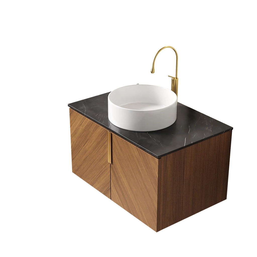 Mobile lavabo sospeso 76 cm in compensato marrone, lavabo bianco, vano portaoggetti –