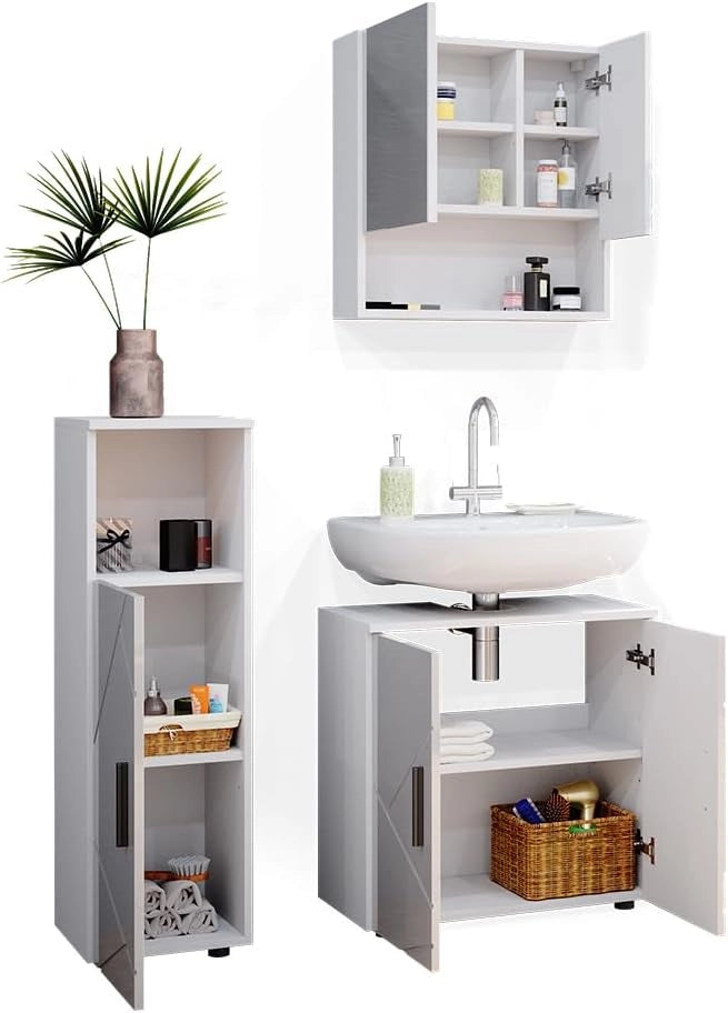Set mobili bagno Irma, Bianco lucido, 80 cm, composto da mobile sottolavabo, specchiera e mobile medio
