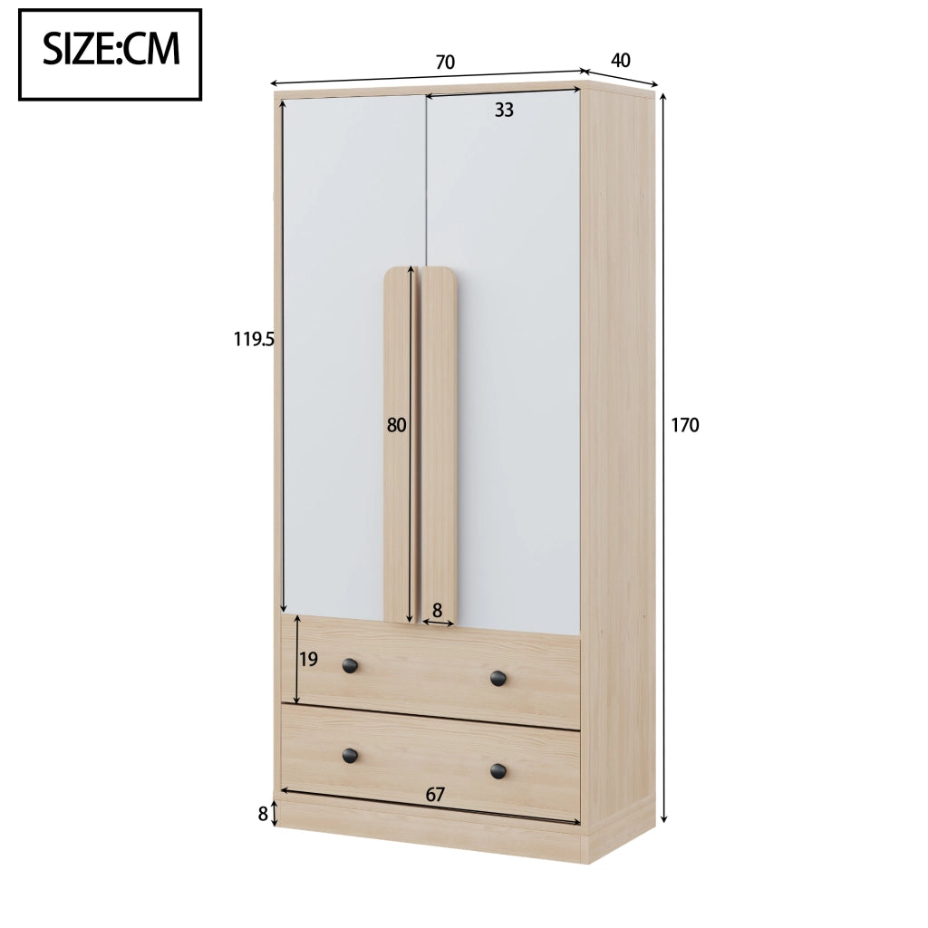 Armadio con 2 ante e 2 cassetti, 1 vano, per camera da letto e soggiorno, in legno, naturale e bianco, 70 × 40 × 170 cm