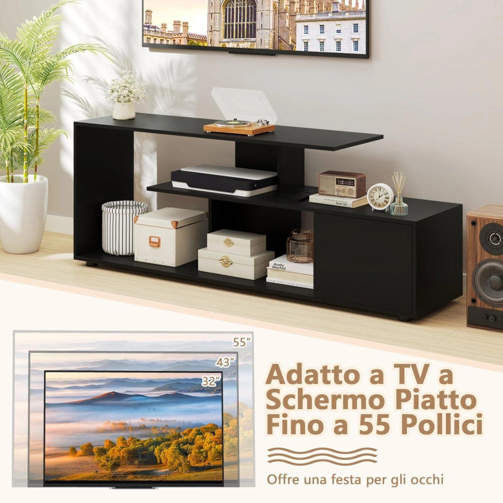Mobile Porta TV, per TV Fino a 55'', Console Media a 3 Ripiani Asimmetrici con Ripiani di Stoccaggio e Armadietto, Mobile TV con Cassetto, 5 Gambe di Supporto (Nero)