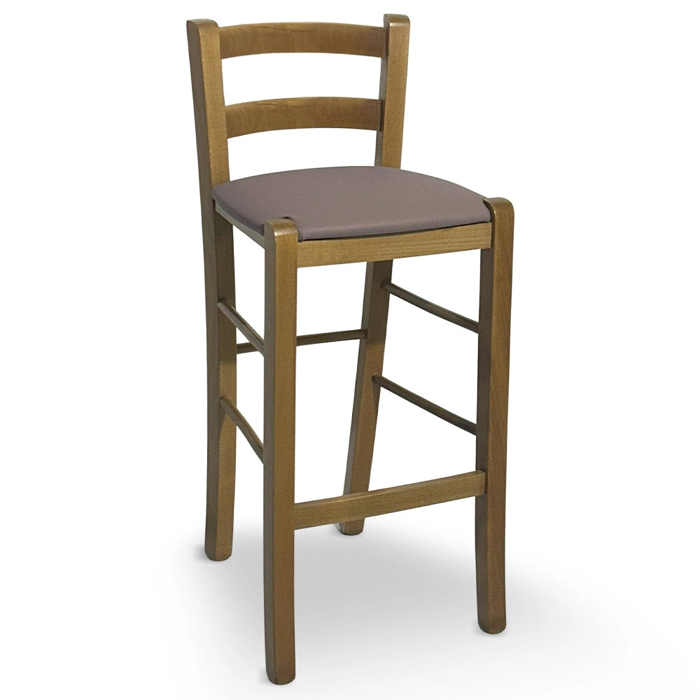 Sgabello in legno noce chiaro con schienale h 66cm con seduta similpelle tortora