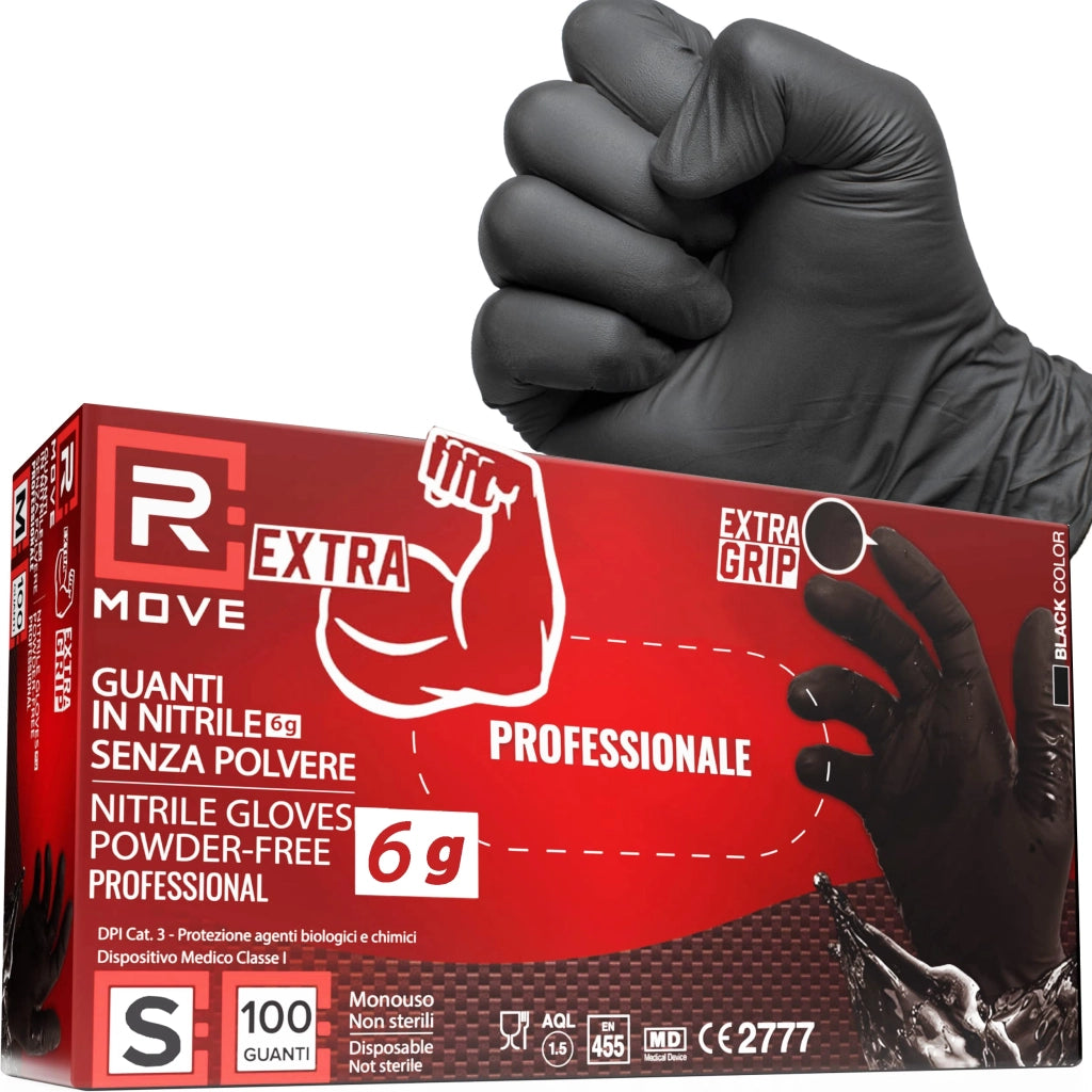 100 guanti in Nitrile NERI 6 grammi EXTRA RESISTENTI 60% di SPESSORE in più al dito rispetto al 3,5 gr NO polvere NO lattice per Meccanici, Tatuatori, Ristorazione, Guanti monouso (S)