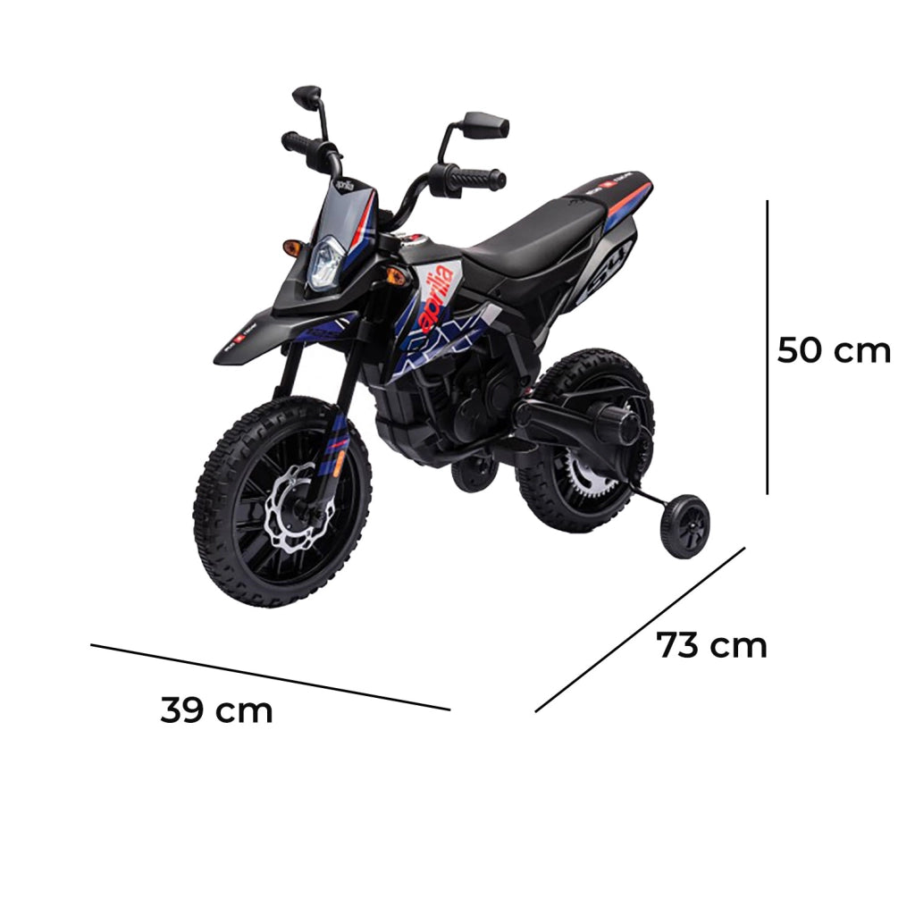 Moto Elettrica per Bambini Aprilia RX-125 Small 12V Cross Sedili In Pelle Luci Led Bluetooth Sospensioni a Molla Blu