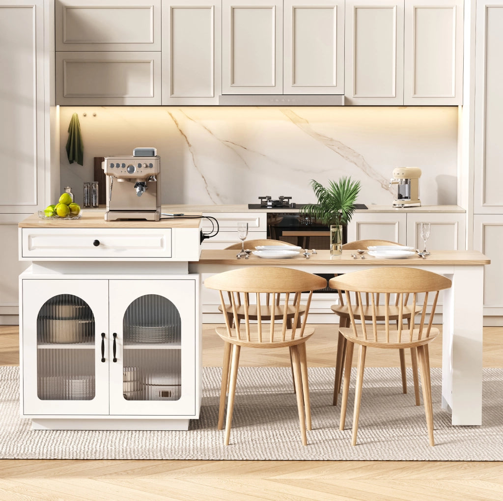 Isola cucina con tavolo estraibile LED e prese, bianca