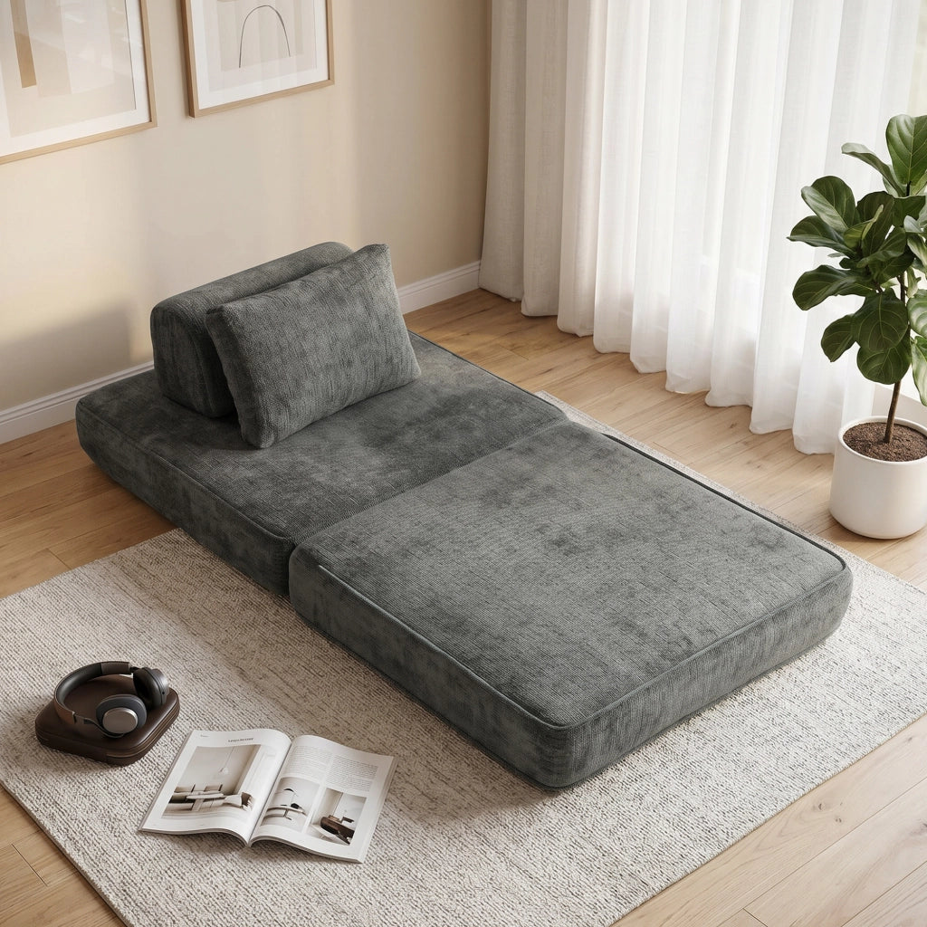 Poltrona Letto Pieghevole in Tessuto Chenille ¨C Xylo ¨C Grigio con Cuscino di Supporto Spesso