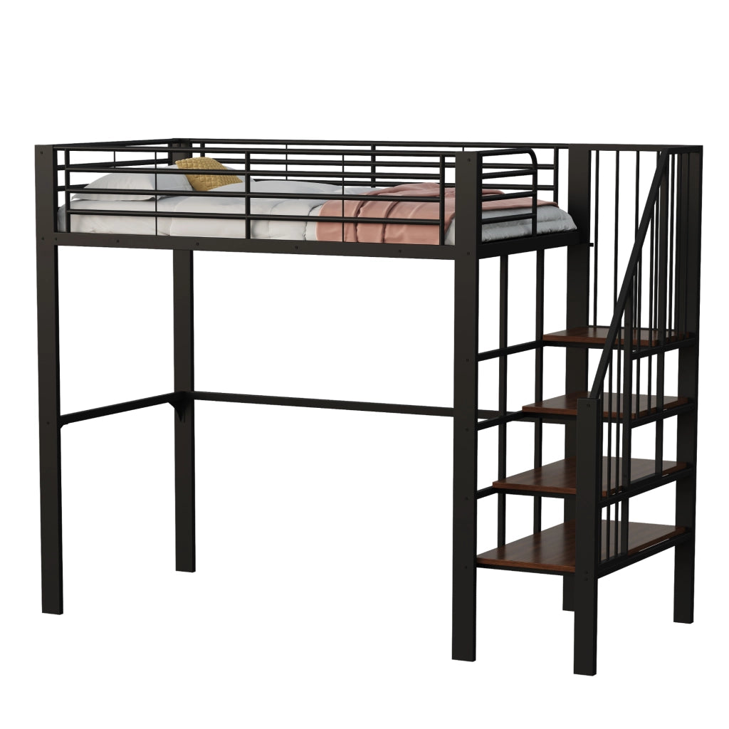Letto a castello nero in metallo e legno con spazio di stoccaggio 90x200 cm