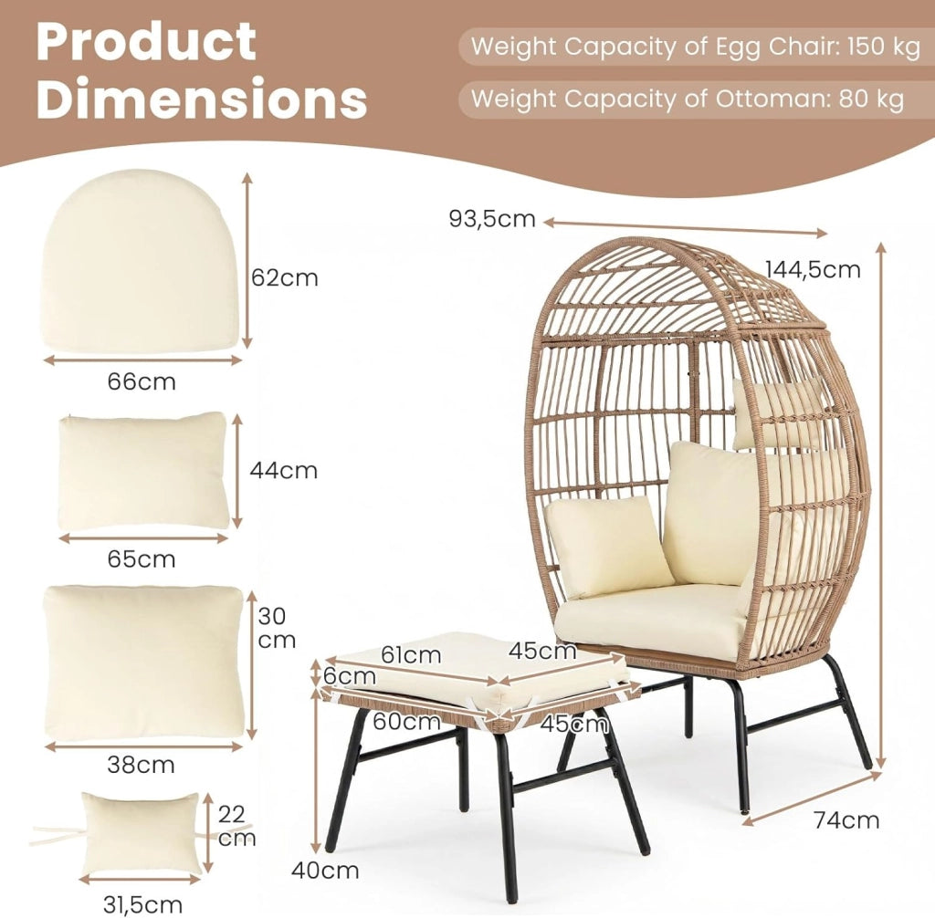 Poltrona a Uovo con Pouf, Sedia Relax in Rattan PE con Comodi Cuscini e Cuscinetti, Fodere Sfoderabili, Poltrona Pigra di Grandi Dimensioni per Balcone, Piscina, Veranda