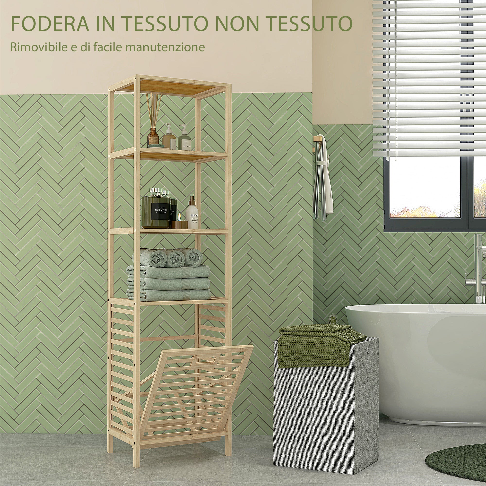 Colonna Bagno con 3 Ripiani e Cesto Portabiancheria in Tessuto 44x33x160 cm in Legno di Bambù