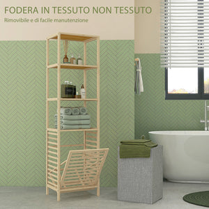 Colonna Bagno con 3 Ripiani e Cesto Portabiancheria in Tessuto 44x33x160 cm in Legno di Bambù