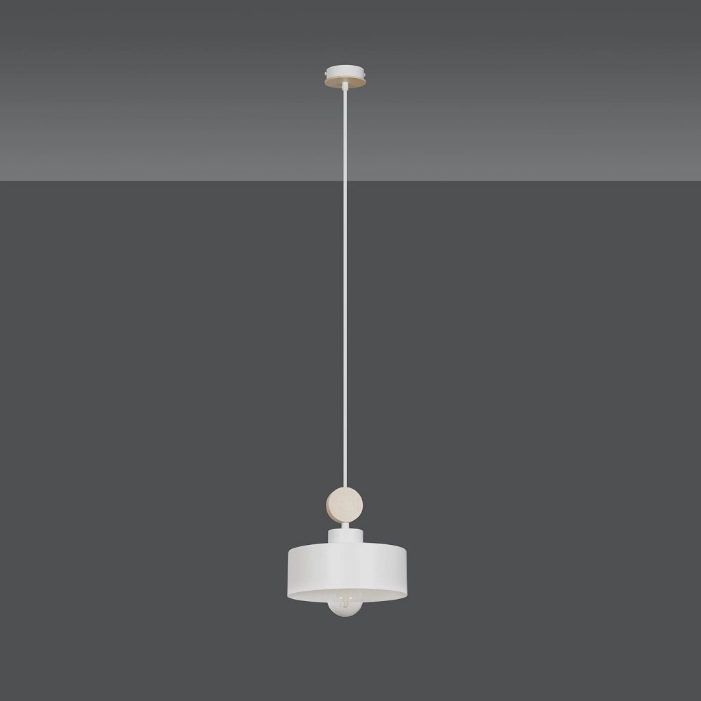 Sospensione 1 Luce Zhurong In Acciaio Bianco E Legno Naturale