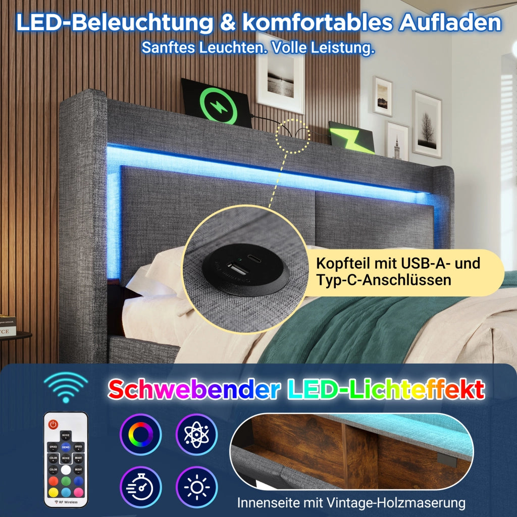 LETTO Imbottito 180x200 cm con contenitore idraulico, LED, USB e USB-C, Grigio