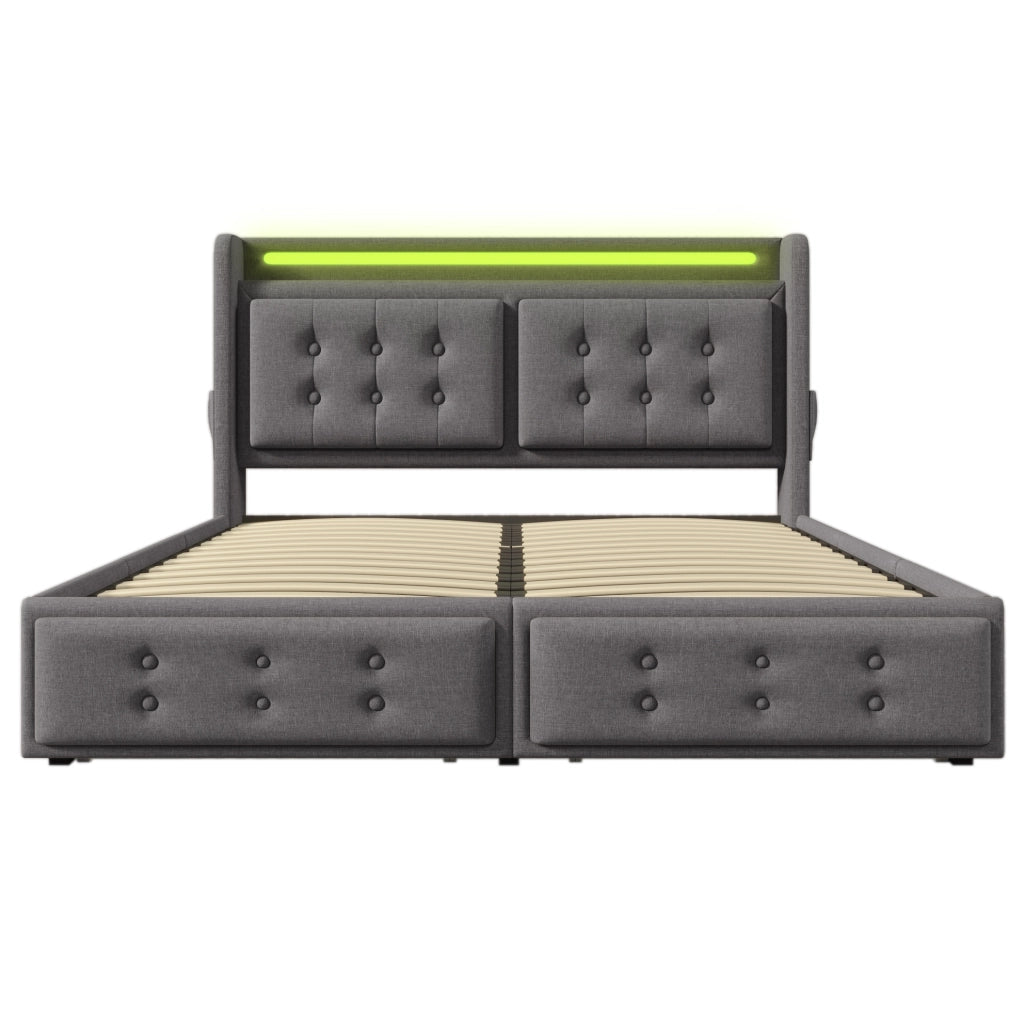 Letto 140x200 con LED; USB-C; 4 cassetti; tessuto cotone-lino; grigio