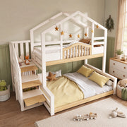 Letto a castello per bambini 90x200/140x200 in legno bianco e naturale con scala contenitore