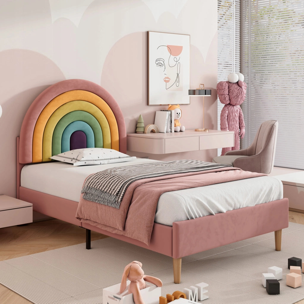 Letto singolo per ragazzi con testiera regolabile - Xylo - 90x200 cm - Velluto rosa