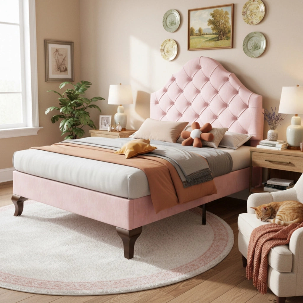 Letto imbottito 90x200 cm in velluto rosa con rete a doghe e testiera regolabile