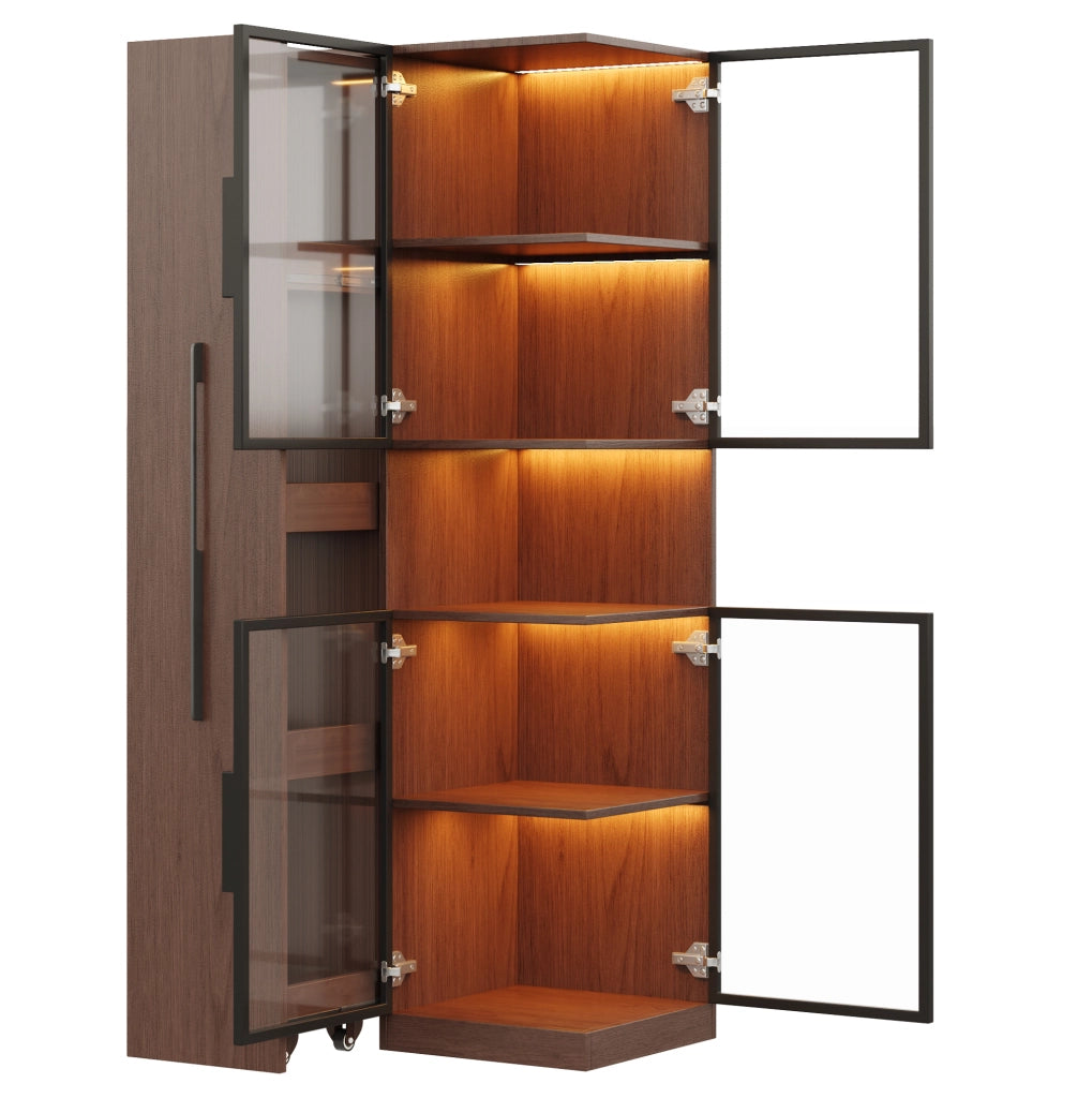 Vetrina ULEVR 70x38x160 cm con vetro temperato frontale e laterale, ripiani estraibili e LED multicolore, noce