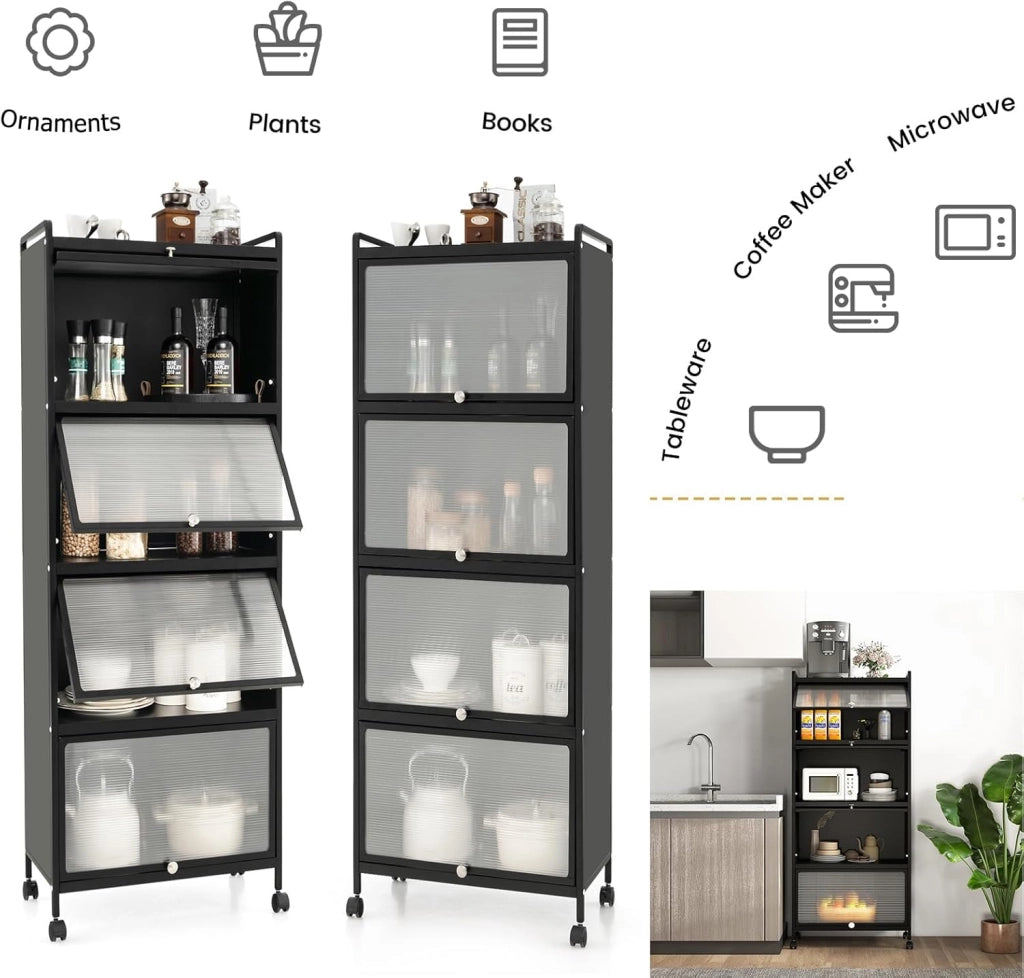 Mobile Dispensa Cucina a 5 Livelli, Mensola Microonde con Anta a Vista, Ruote, Dispositivo Antiribaltamento, Scaffale da Cucina in Ferro per Soggiorno, Sala da Pranzo, 60x32x154cm (Nero)