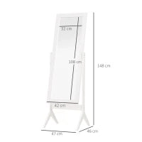 Specchio a Figura Intera con 4 Gambe e Angolazione Regolabile, in Legno e Vetro, 47x46x148 cm, Bianco
