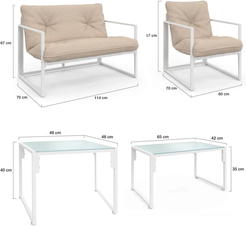 Nairobi Set di mobili da Giardino Bassi a 6 posti in Acciaio Bianco con Cuscini Beige