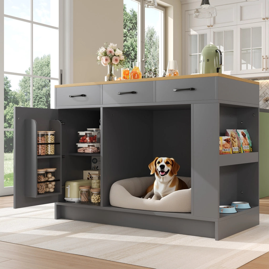 Isola cucina grigio naturale con area per animali e 3 cassetti