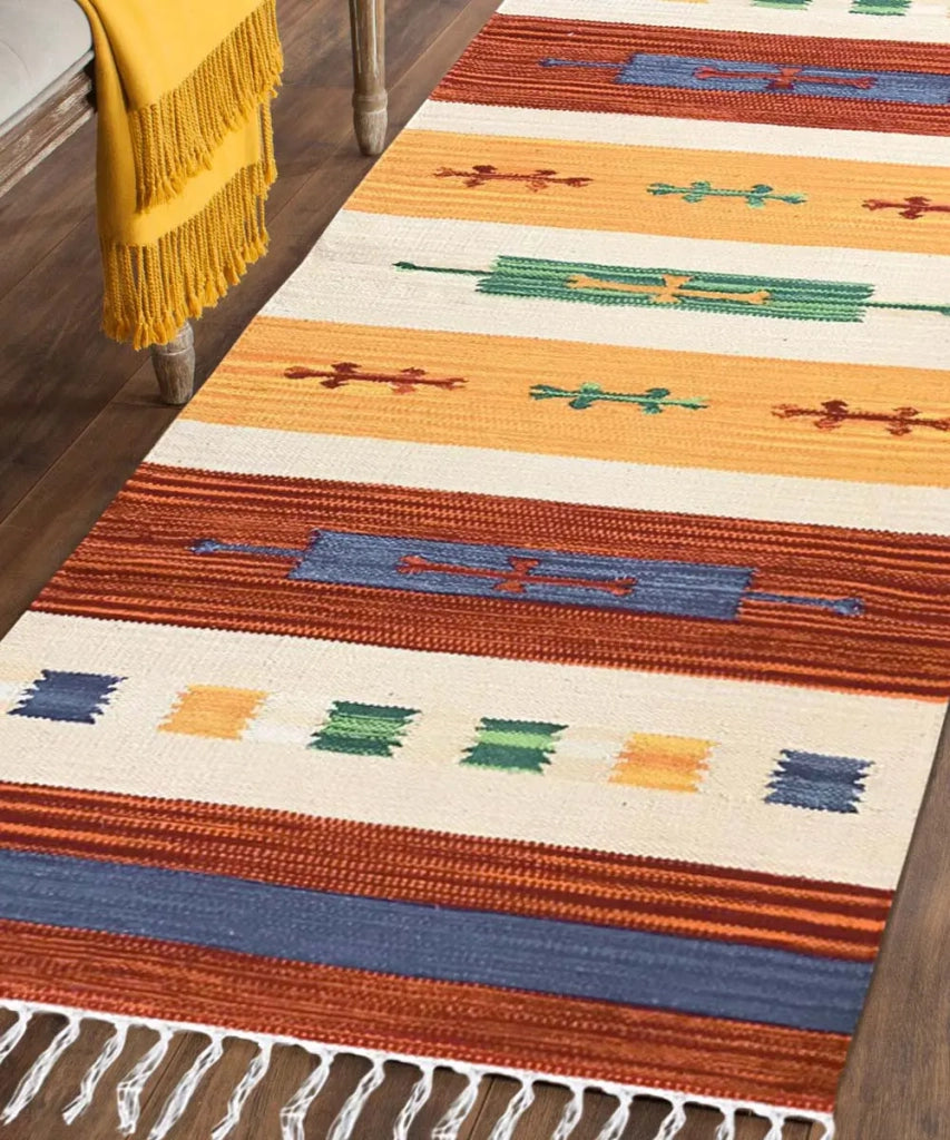 Tappeto passatoia KELIM 04 disegni etnici orientali colori vivaci cm.60x200 tessuto e frangia 100% cotone, lavabile in lavatrice