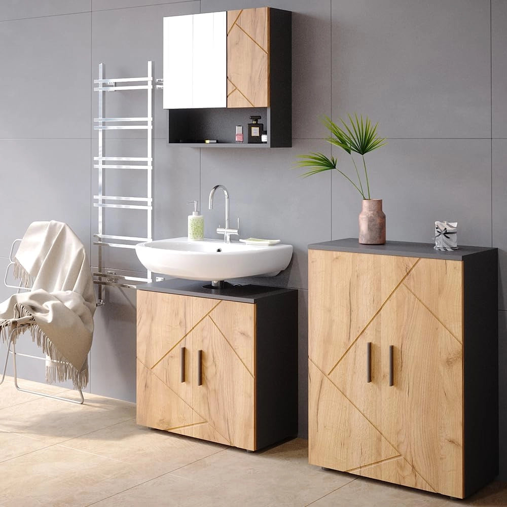 Mobile sottolavabo per bagno Irma, Quercia dorata/antracite, 60 x 59 cm, con ritaglio per sifone e ripiano interno per conservazione