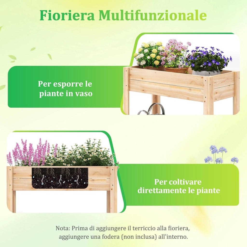 Letto da Giardino Rialzato, Fioriera Elevata con Mensola di Stoccaggio, Drenaggio, Orto in Legno Fiori, Erbe e Verdure per Giardino, Cortile e Patio, 81 x 38 x 77 cm