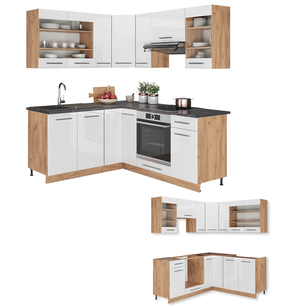 Cucina angolare completa Fame-Line Bianco lucido/Rovere dorato 190 x 60 cm, PL Marmo Vicco