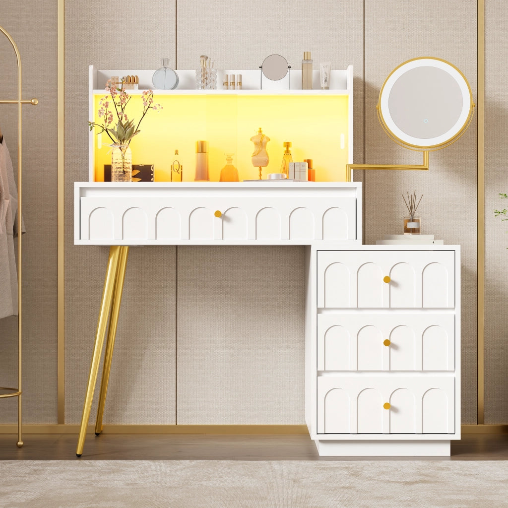 Tavolo Trucco con Specchio LED Girevole e Ante Scorrevoli in Vetro ¨C MINIMAL ¨C Bianco, 4 Cassetti, 112x40x116 cm