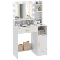 Tavolo da Trucco con Specchio e 10 Luci LED, Luminosità Regolabile, Cassetto, Armadietto e Mensole Aperte, 80x40x135cm, Bianco