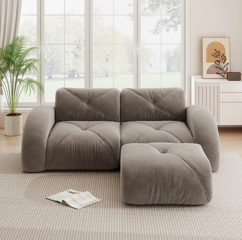 Divano modulare taupe in chenille con pouf; schiuma 32D ad alta densità
