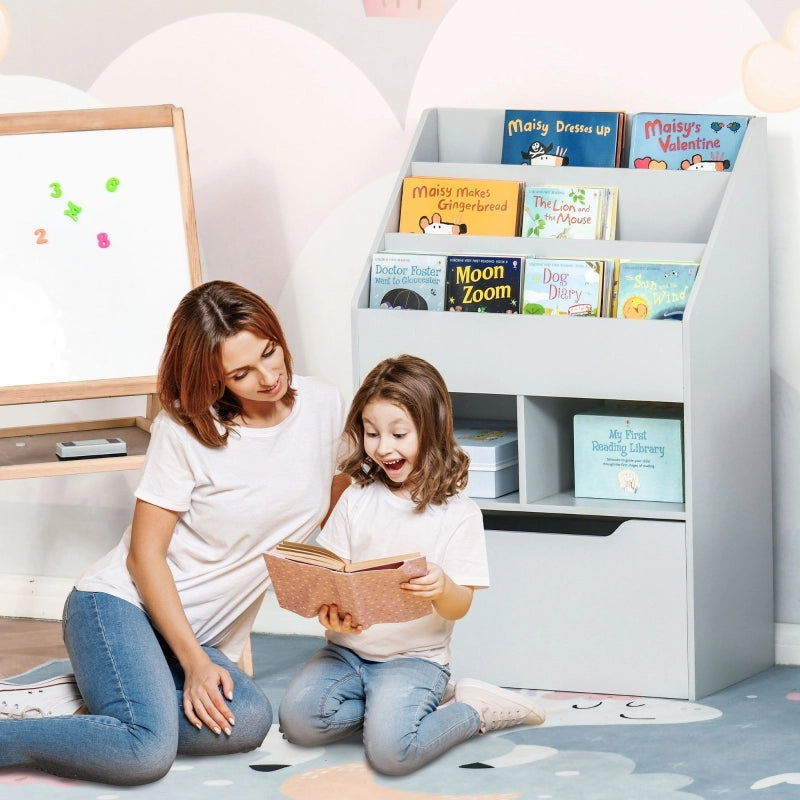 Libreria per bambini con cassetto, 3 ripiani e 2 vani a giorno, scaffale contenitore per cameretta, sala giochi, grigio, 60 x 29,9 x 90 cm