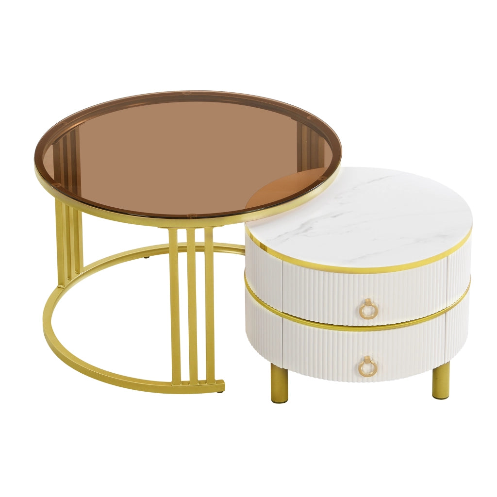 Tavolini bassi impilabili rotondi con 2 cassetti in vetro e MDF bianco per soggiorno