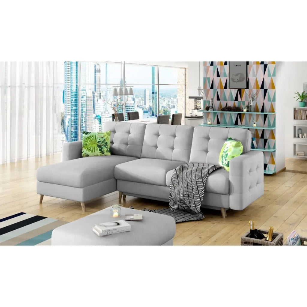Divano angolare convertibile HASGARD 3 posti grigio 248x162 cm - con vano contenitore e piedi in legno