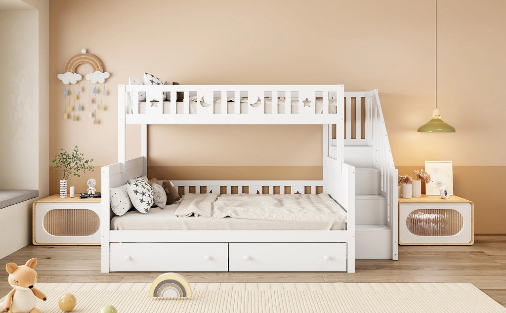 DESMIU Letto a castello 2 posti con scala contenitore e 2 cassetti, 90 × 200 e 140 × 200 cm, senza materasso