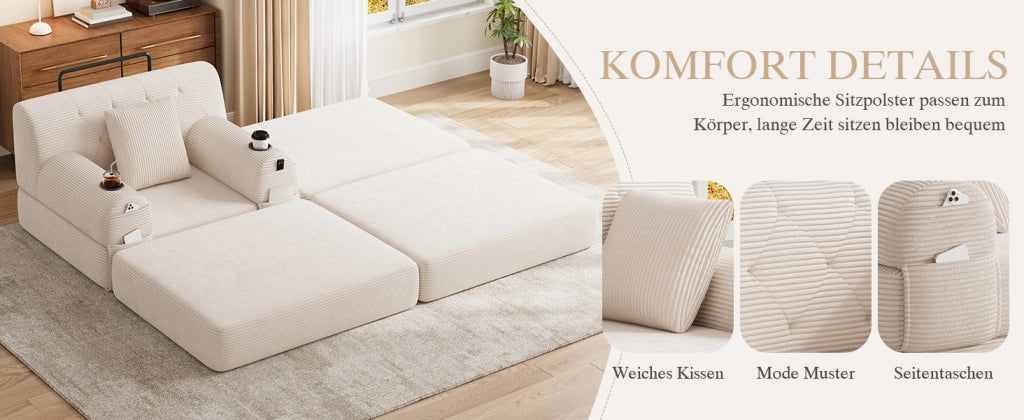 Poltrona letto compatta con funzione letto schienale alto tasche laterali e portabicchieri in tessuto cord beige