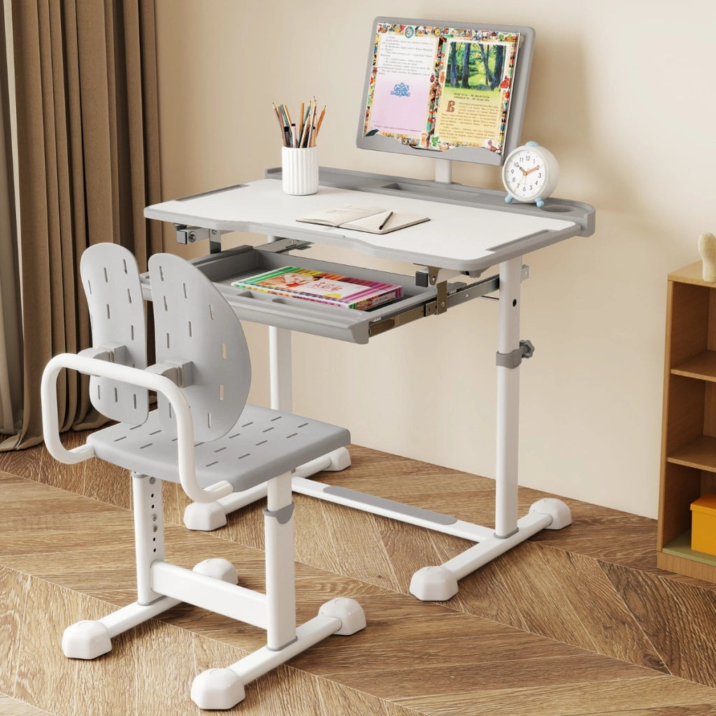 Scrivania per bambini con piano inclinabile sedia ergonomica, Set di scrivania e sedia regolabile in altezza Grigio-Tavoli e sedie