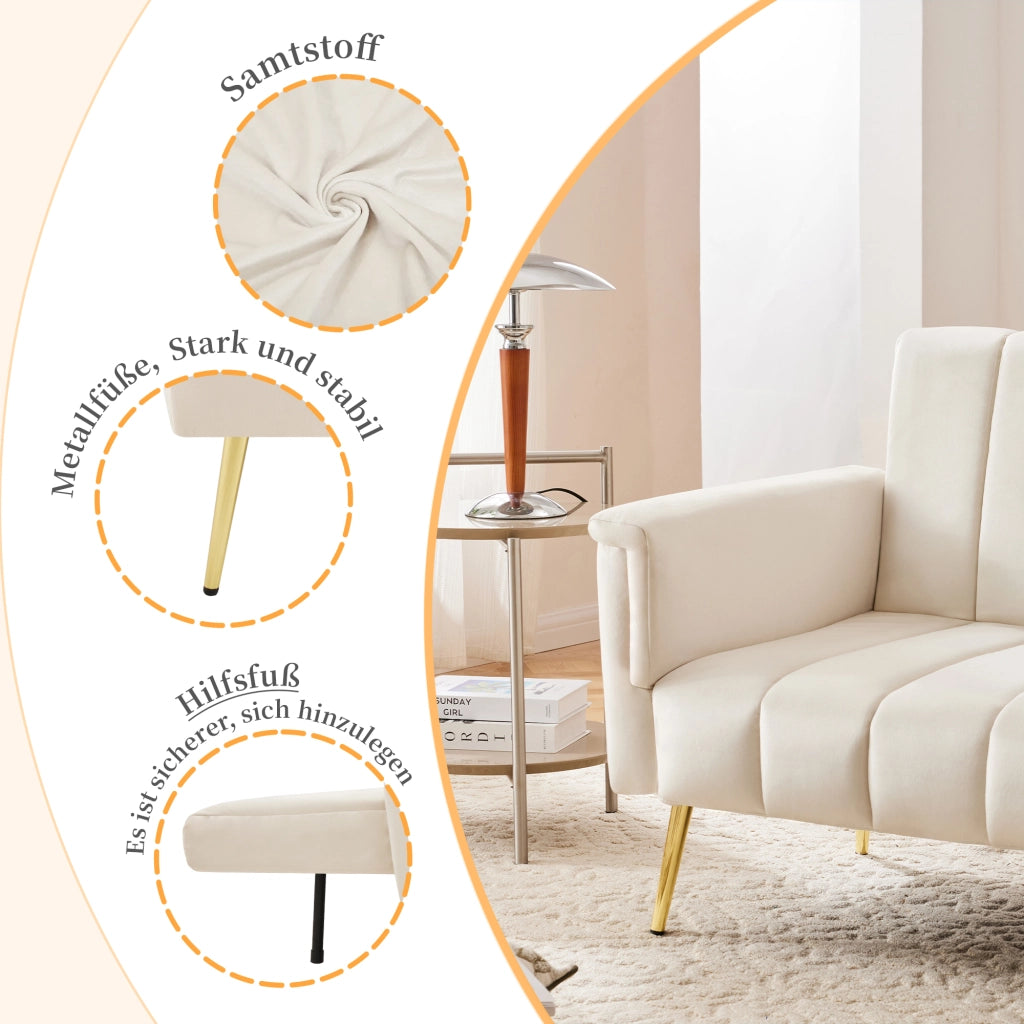 Divano letto convertibile con schienale e braccioli regolabili, gambe in metallo in velluto beige 183 × 76 × 75 cm