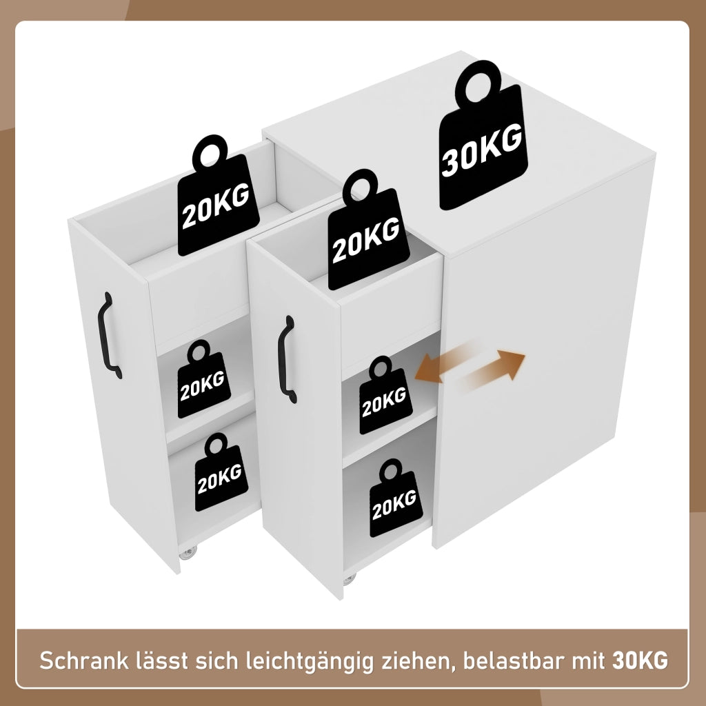 Libreria mobile con 1 cassetto e 2 ripiani, reversibile, con ruote, per soggiorno e bagno, bianco, 52 × 50 × 75 cm
