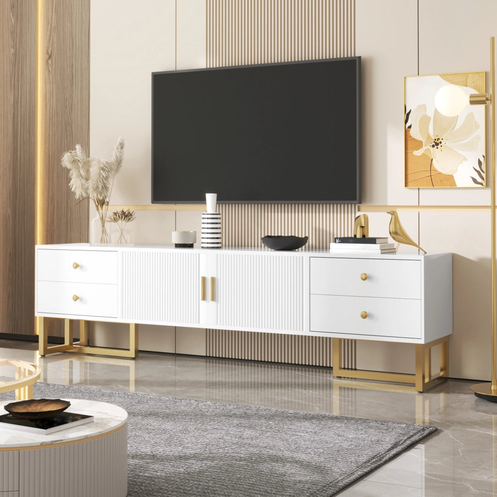 Mobile TV 175 cm con 4 cassetti; 2 ante; MDF; bianco; dettagli oro