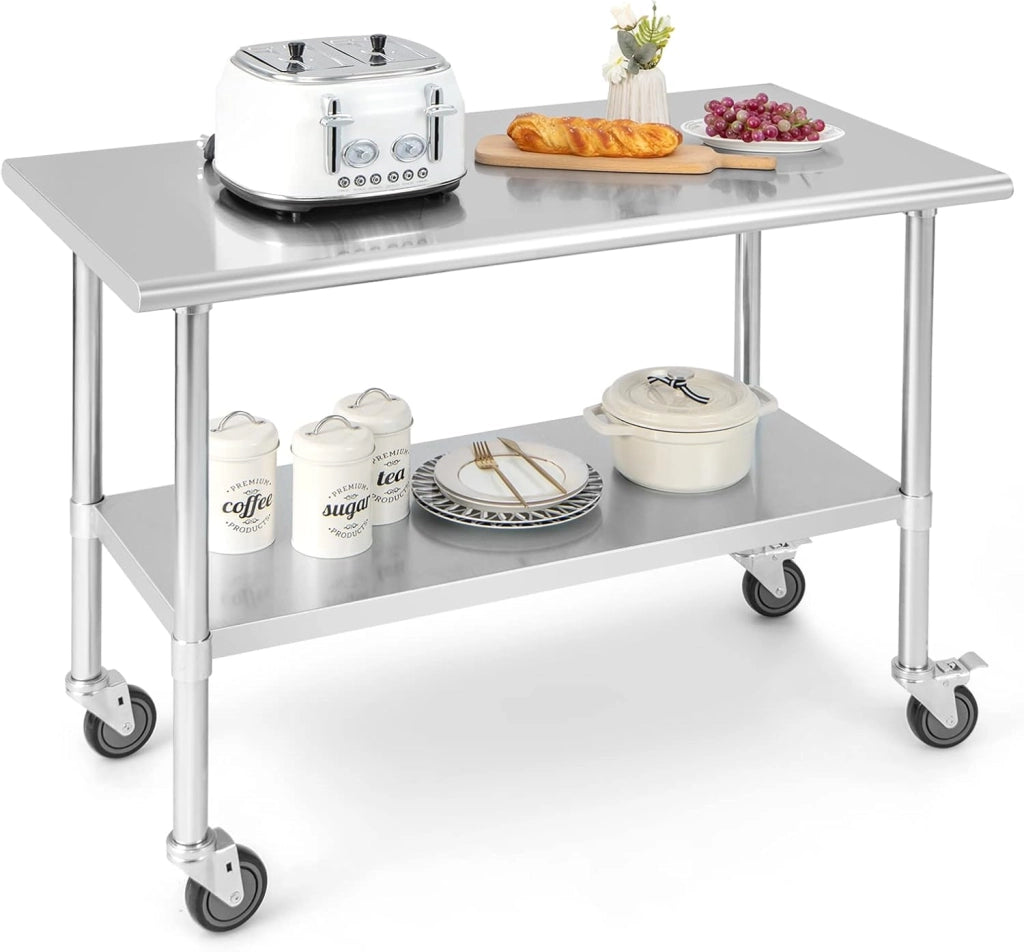 carrello portautensili in acciaio inox con ruote, altezza regolabile, tavolo da cucina per preparazione cibi a 2 livelli, tavolo smontabile con capacità di carico 250 kg per ristorante e